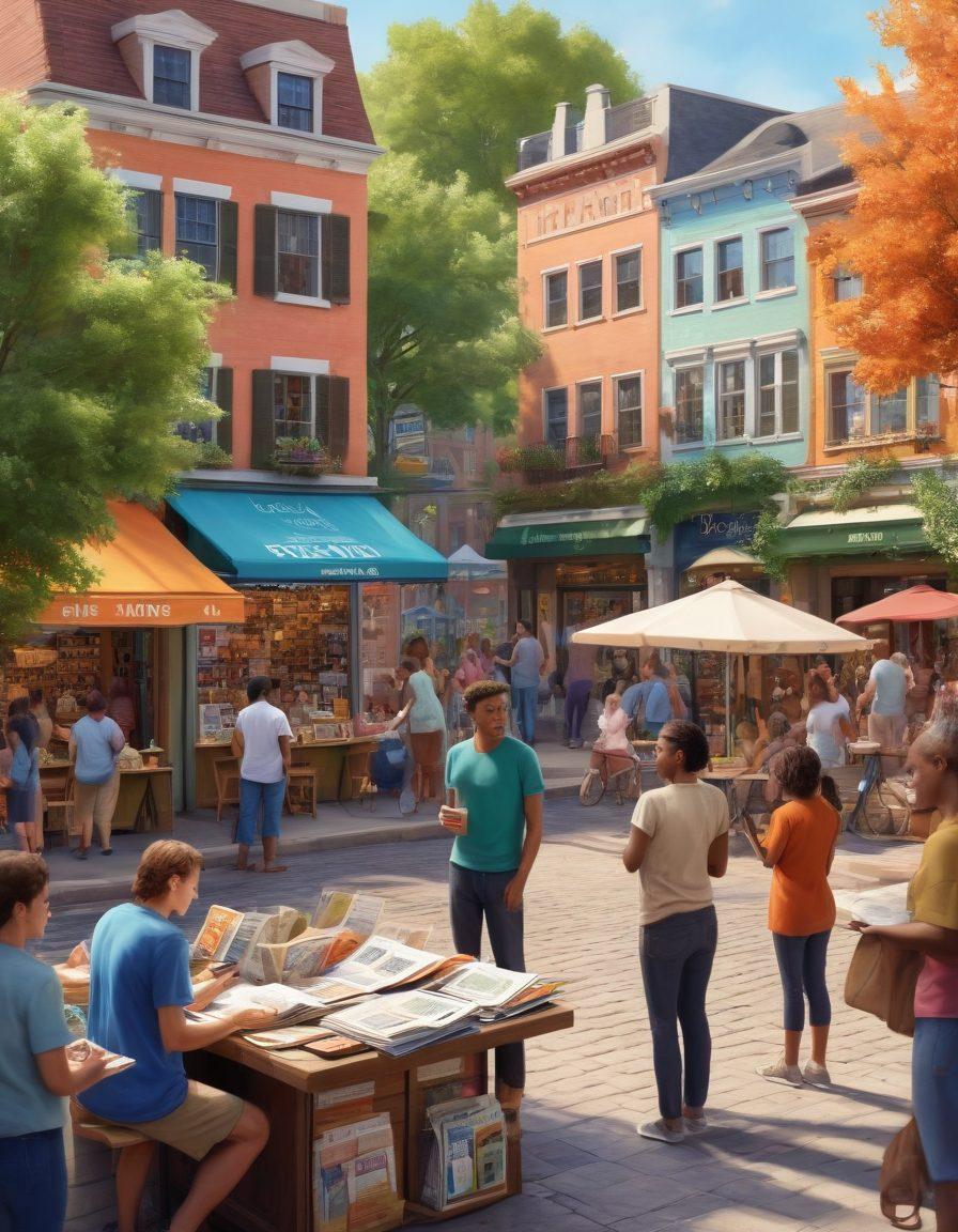A vibrant community gathering in a town square, featuring a diverse group of people engaging with a local journalist reporting from a colorful newsstand. Incorporate elements like newspapers, digital devices, and community boards showcasing local events. In the background, illustrate a charming small-town atmosphere with iconic buildings and greenery. Emphasize connection and interaction among individuals. super-realistic. vibrant colors. organic shapes.