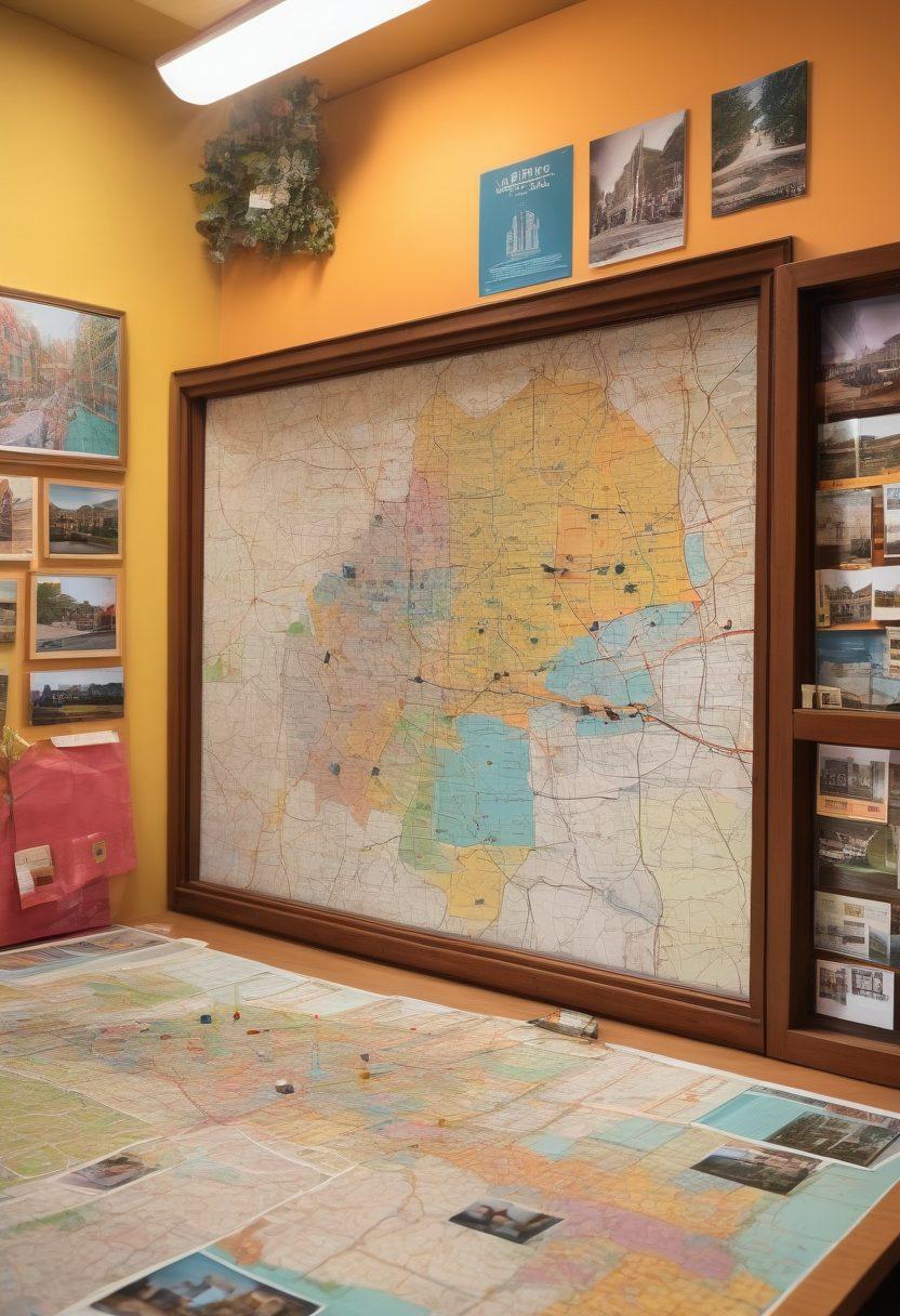 A bustling local newsroom with diverse journalists passionately collaborating, surrounded by photographs and stories of their community. In the background, a large map showcases the neighborhoods they cover, filled with colorful pins. A window reveals a thriving town square, illustrating connectivity. Emphasize warmth and community spirit. vivid colors. super-realistic.